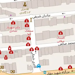 این نقشه، آدرس دکتر محمد رضا شفیعی متخصص جراحی پلاستیک و زیبایی در شهر تهران است. در اینجا آماده پذیرایی، ویزیت، معاینه و ارایه خدمات به شما بیماران گرامی هستند.